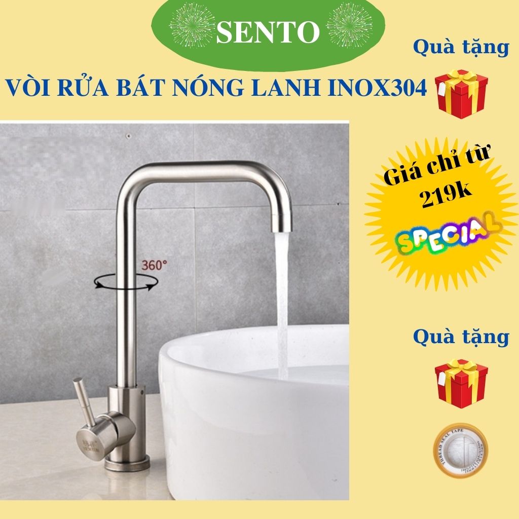 Vòi Rửa Bát - Vòi Rửa Chén Nóng Lạnh Loại Cắm Chậu 100% Inox 304 Quay 360 Độ, Nước Chảy Mạnh Dùng Được 2 Hộc Chậu