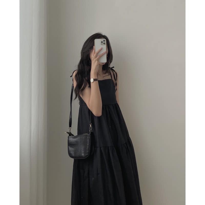 Đầm/Váy 2 dây voan tơ buộc vai 2 lớp 2 màu đen, be | BigBuy360 - bigbuy360.vn