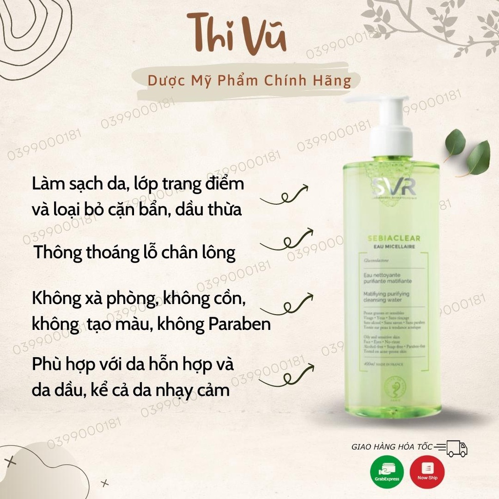 Nước tẩy trang SVR Sebiaclear Eau Micellaire, nước tẩy trang cho da dầu mụn nhạy cảm - Thi Vũ