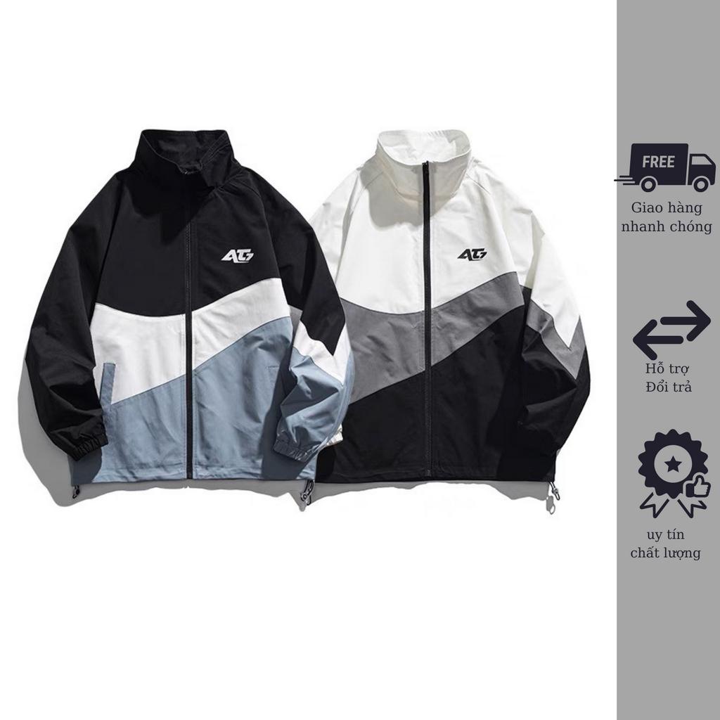 Áo khoác nam unisex cổ đứng vải dù 2 lớp phối màu độc lạ họa tiết chữ AT7 đi mưa,cản gió,chống nắng AT7