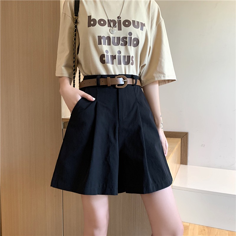 Korean fashion high waist slimming loose straight wide leg casual five-point pants women (plus belt)