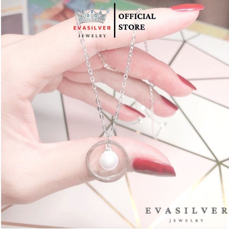 Dây chuyền bạc nữ Evasilver mặt vòng tròn đính ngọc trai bên trong, Vòng cổ chất liệu bạc ta sang trọng