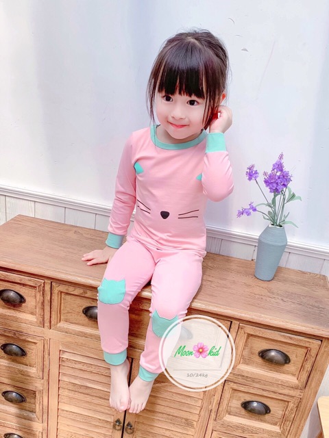 Bộ Quần Áo Dai Tay Cho Bé Gái Hình Mèo Chất Cotton