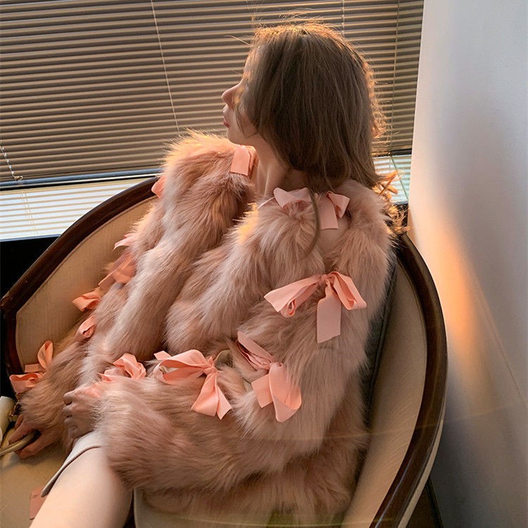 ☄❃✈Áo Khoác Giả Lông Cáo Dáng Ngắn Thắt Nơ Phong Cách Đường Phố Trẻ Trung Cho Nữ