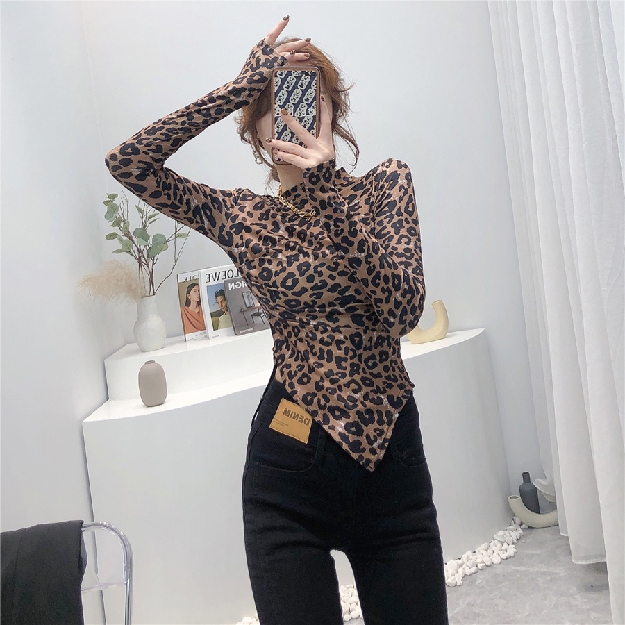 Áo thun tay dài họa tiết da báo thời trang mùa thu dễ phối đồ