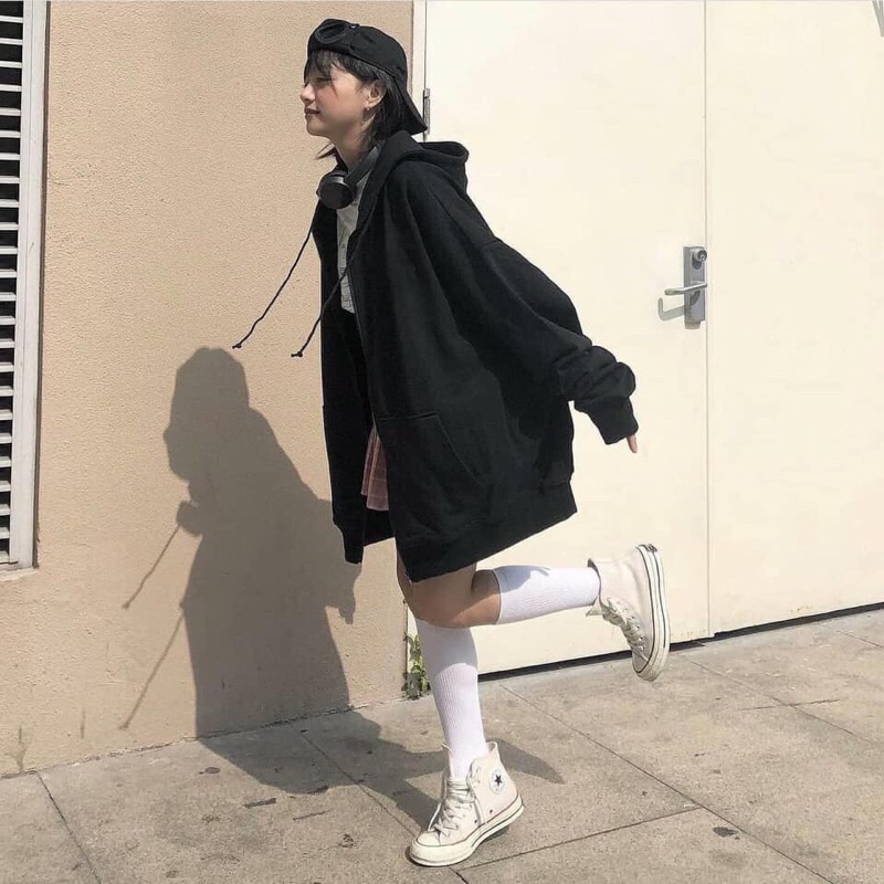 🌸 Phông thun dài tay bồng khóa kéo có mũ ulzzang màu Đen | Xám nam nữ HOT 🌸 - Hàn