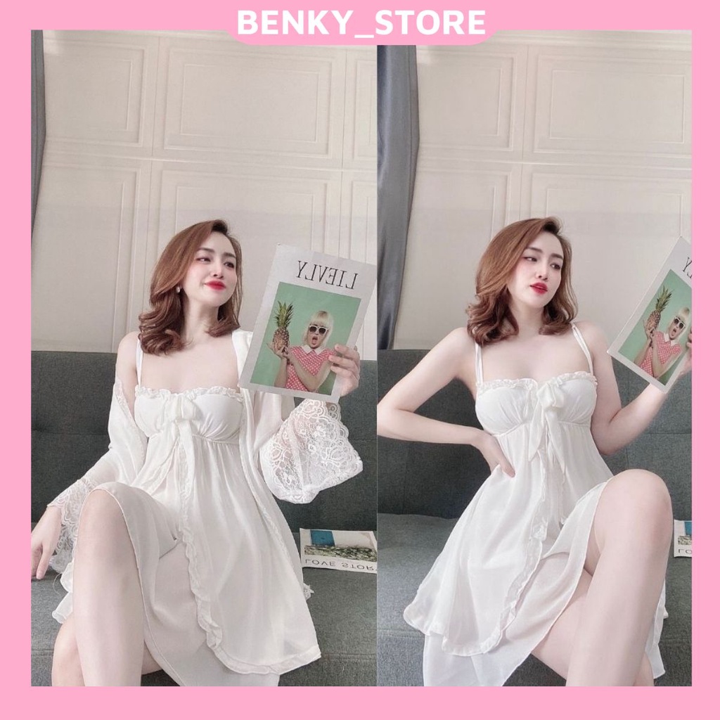 Váy ngủ áo choàng BENKY Đầm ngủ sexy lụa Satin Chất Siêu Mát Dáng Siêu Xinh