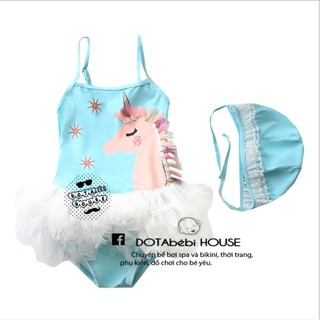 Đồ bơi kèm nón cho bé gái, họa tiết ngựa pony xanh
