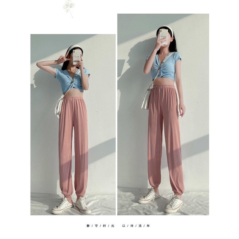 Quần Dài Thể Thao Dáng Rộng Vải Lụa Lạnh Thời Trang Mùa Hè Cho Nữ