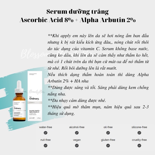 Serum Ascorbic acid 8% + Alpha Arbutin 2% dưỡng trắng, mờ thâm mụn, nám da The Ordinary