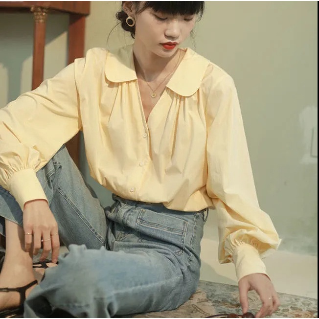 Áo Sơ Mi Tay Phồng Cổ Búp Bê Phong Cách Pháp Cổ Điển Thời Trang Cho Nữ