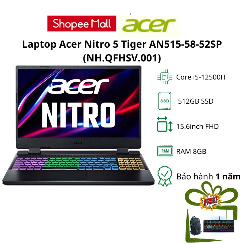 Laptop Gaming Acer Nitro 5 Tiger AN515-58-52SP/ i5-12500H/8GB/512GB SSD/RTX™ 3050 4GB