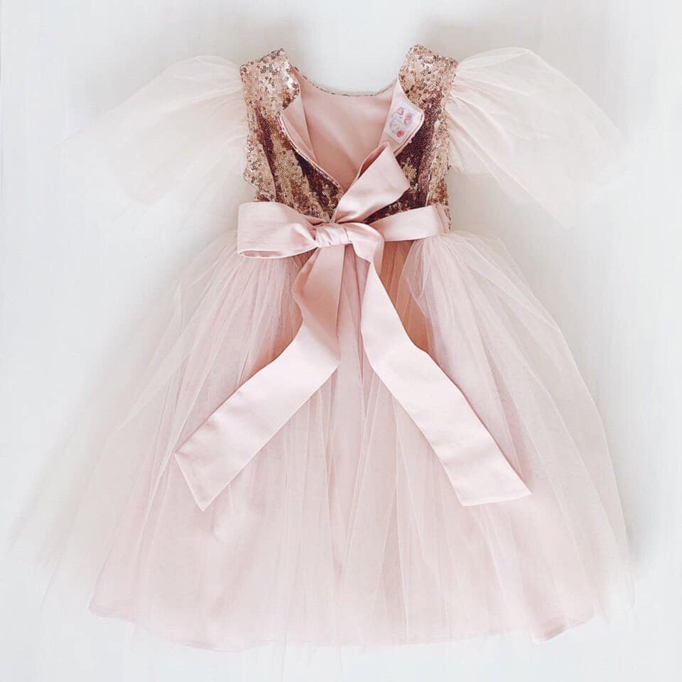 Đầm công chúa đính kim sa hồng pastel cho bé gái