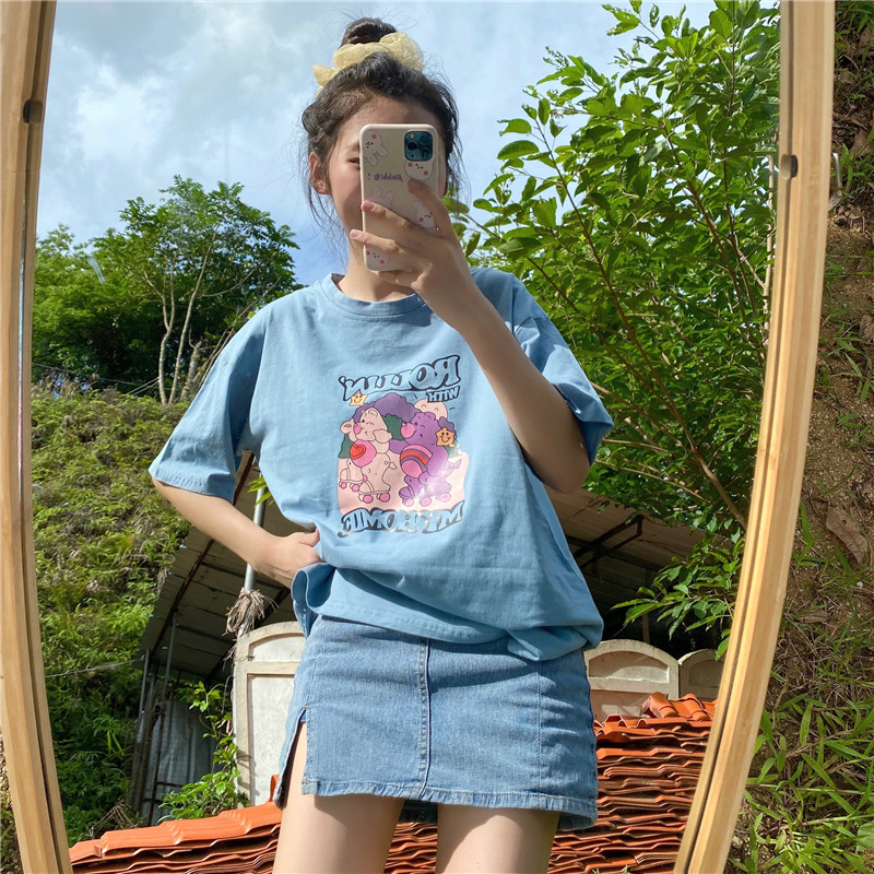 Áo Thun Nữ Tay Ngắn Dáng Rộng In Hình Cá Tính Phong Cách Hàn Quốc