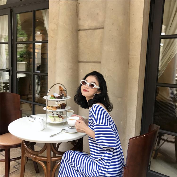Đầm Thun Dài Qua Gối Dáng Rộng Họa Tiết Kẻ Sọc Màu Xanh Dương Thời Trang Phong Cách Mới