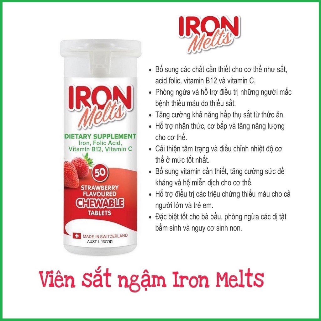 Kẹo sắt ngậm vị dâu Iron Melts Chewable, hộp 50 viên