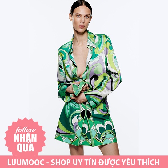 Bộ Zara áo chemise và chân váy kiểu lụa xanh S10CBG40N10
