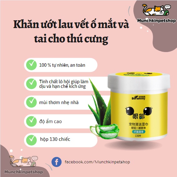 Khăn lau vết ố mắt tai cho thú cưng MCP chiết xuất lô hội lau sạch vết ố mắt thú cưng - Hộp 130 miếng