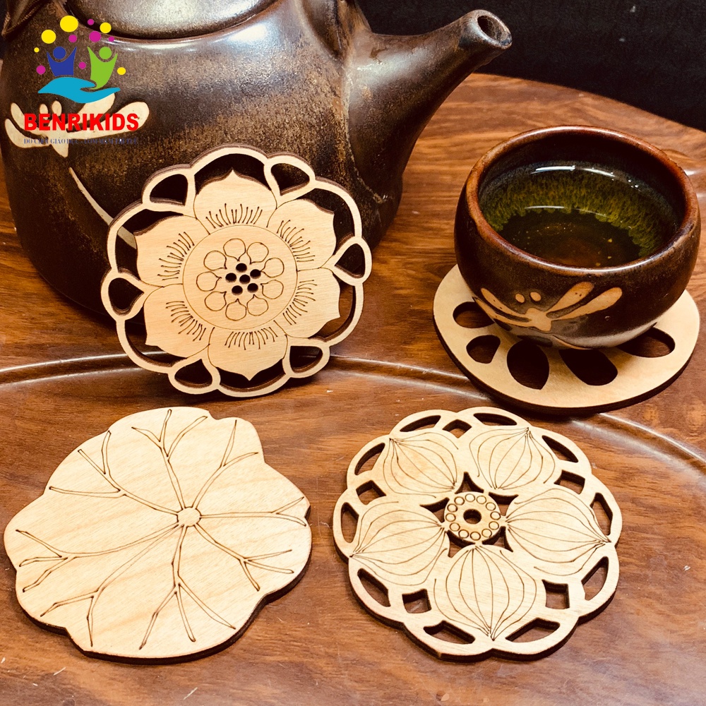 Miếng Lót Cốc Trà Cafe Trang Trí Decor Quán Cafe Phong Cách Hoa Sen Việt Nam,Coasters Diy Chất Liệu Gỗ Bạch Dương