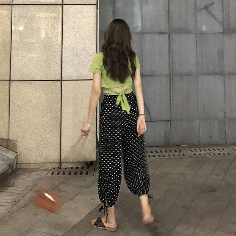 2pcs/women Wave point loose long pants + sexy short sleeve T-shirt | BigBuy360 - bigbuy360.vn