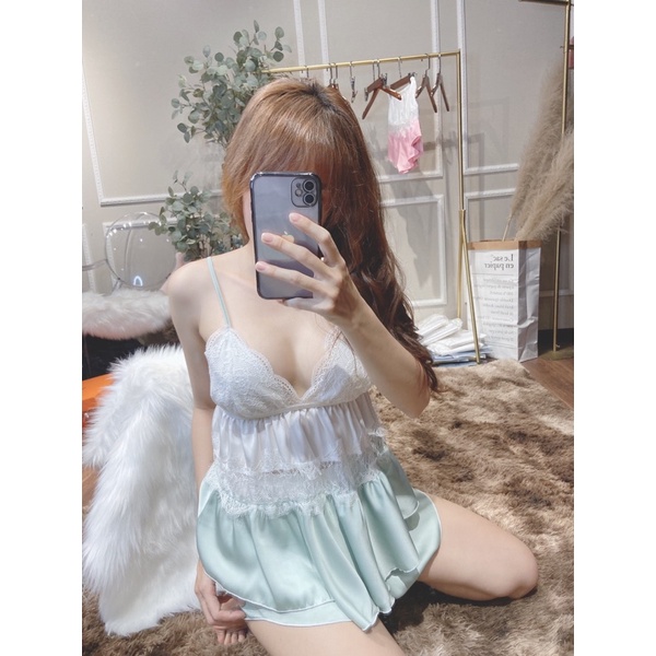 Set ngủ 2 dây lụa phối ren tầng dáng babydoll xinh xắn , dễ thương