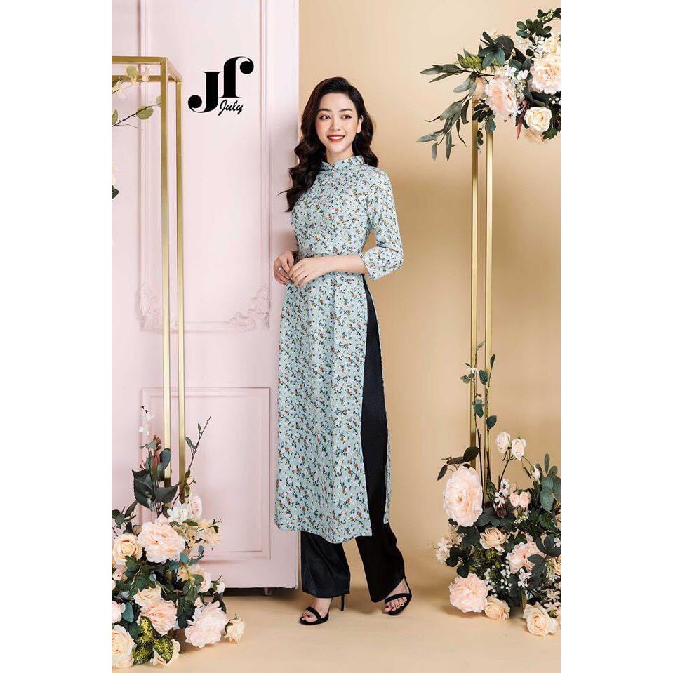 ÁO dài truyền thống hoa nhí xanh