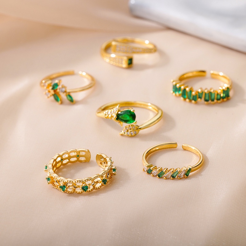 Nhẫn Đồng Đính Đá Zircon Hình Giọt Nước Màu Xanh Lá Cây Có Thể Điều Chỉnh Kích Cỡ