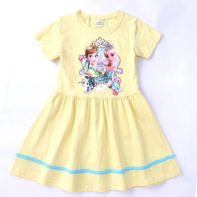 3-10Yrs Girls Print Cotton Princess Dress Sequin Summer Cartoon Elsa Short Sleeve Dress Bling Bling Kids Frozen Clothing