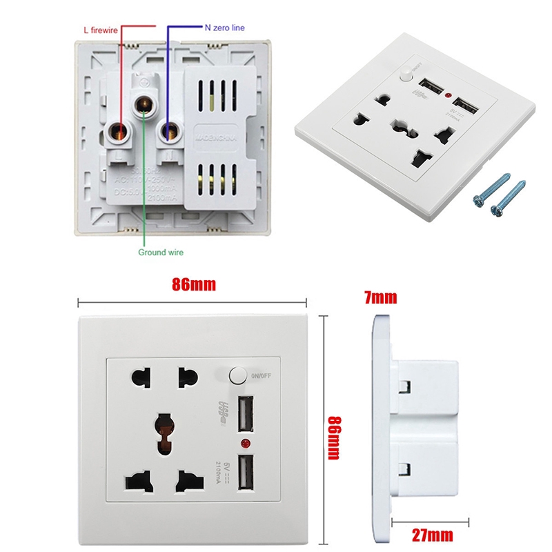 Ổ Điện Âm Tường 2100Ma 5V 2 Usb 110-250V Ac 110-250V Gắn Tường Tiện Lợi