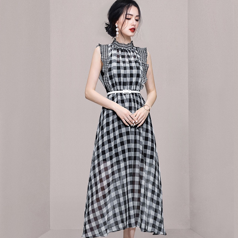 Đầm maxi Voan Sát Nách Dáng Chữ A Họa Tiết Sọc Caro Trắng Đen Thời Trang Cao Cấp
