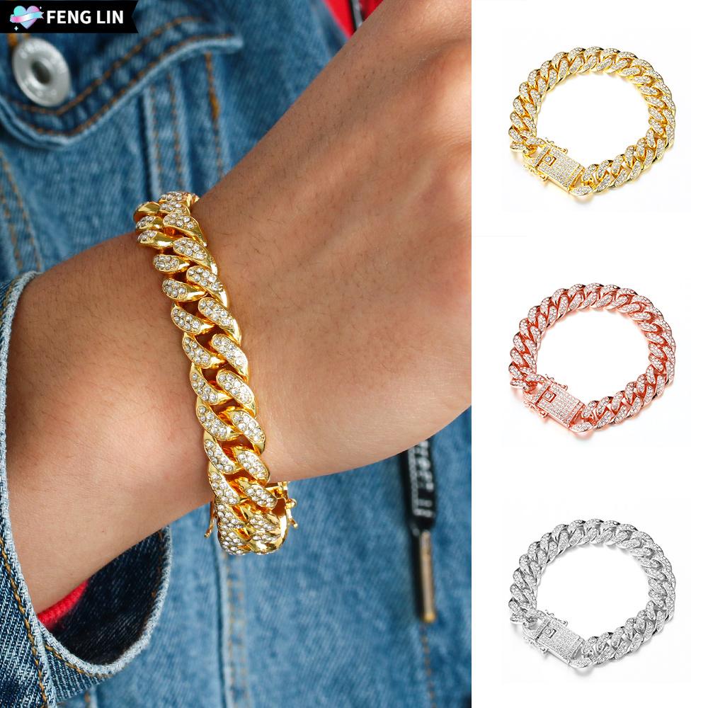 Vòng Tay Cuba Rộng 12mm Đính Đá Lấp Lánh Sang Trọng|Vòng Tay Mắt Xích Đính Đá Thời Trang Cho Nam Và Nữ