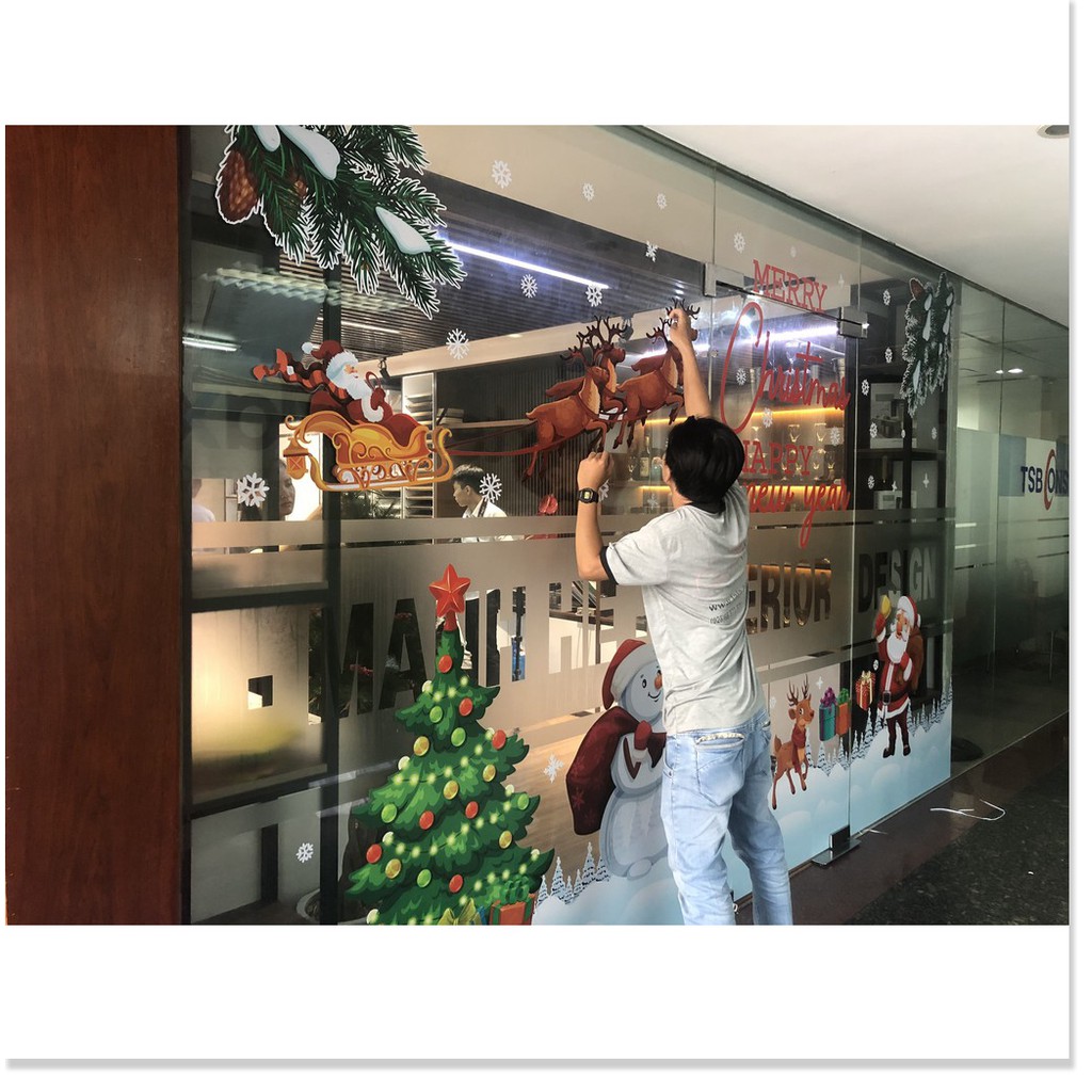 Decal noel trang trí văn phòng, cửa hàng – Decal giáng sinh cao cấp có keo sẵn dán được cả trên kính và tường màu rõ nét
