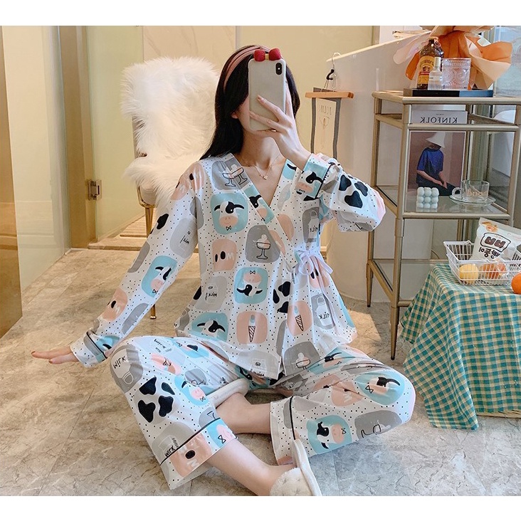 Bộ đồ ngủ pyjama có dây eo họa tiết hình dễ thương chất liệu thun sữa mềm mịn ( tà đắp chéo )