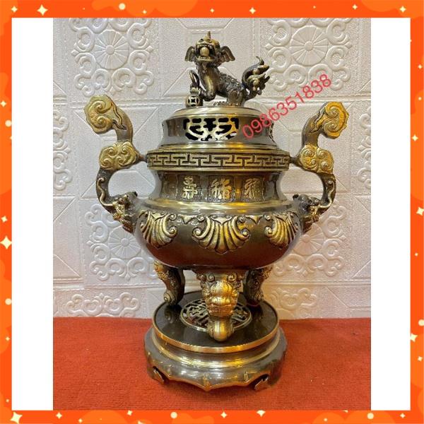 Bộ đỉnh đồng 7 món hoa sòi cao 50  đúc liền màu hun cạo cho ban thờ cỡ trung và đại