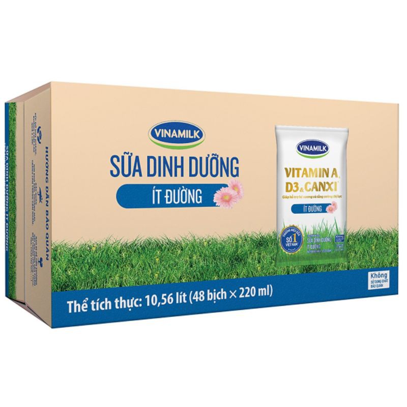 Thùng 48 bịch sữa dinh dưỡng Vinamilk ÍT ĐƯỜNG 220ML