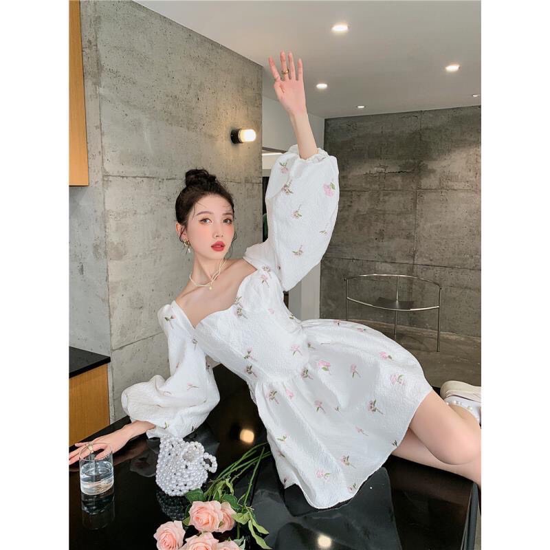 Đầm Tay Phồng Cổ Vuông Phong Cách Retro Pháp Thời Trang Mùa Thu Cho Nữ