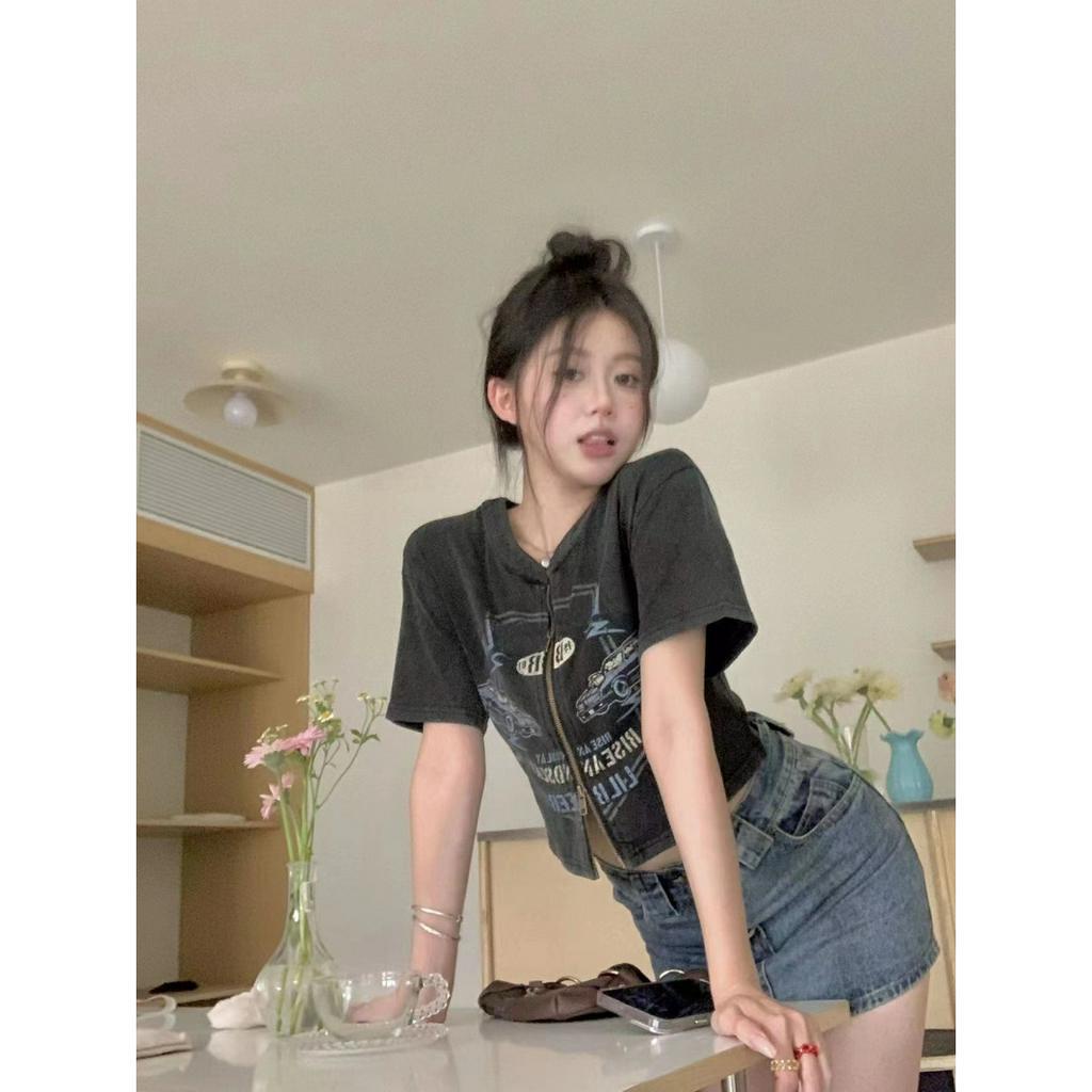 Ethelgirl  Thun Tay Ngắn Hai Đầu Có Khóa Kéo In Họa Tiết Cổ Điển Phong Cách Mỹ Thời Trang Cho Nữ