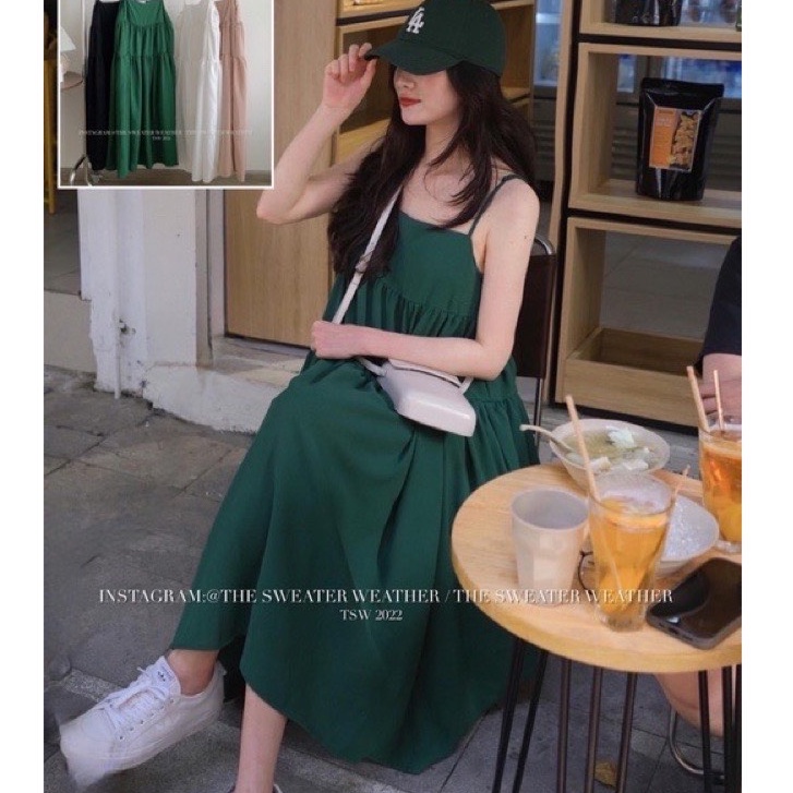 Váy hai dây dáng xòe 3 tầng dây chỉnh được màu xanh hottrend vanmiushop