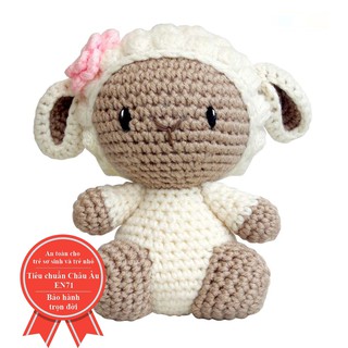 Gấu bông thú len nhồi bông handmade cao cấp mẫu Cừu con nơ hồng ngồi