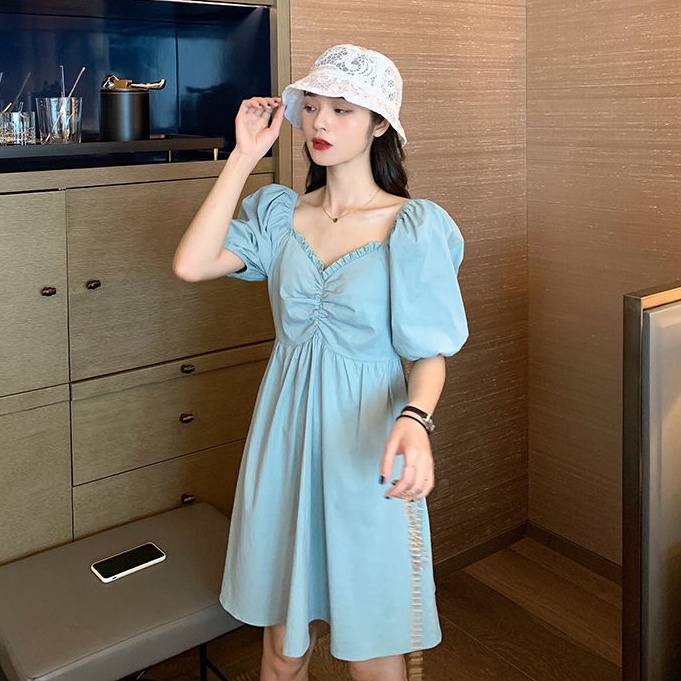 Đầm Tay Ngắn Phồng Xếp Ly Ôm Eo Phong Cách Mới Mùa Hè Dễ Phối Đồ Cho Nữ