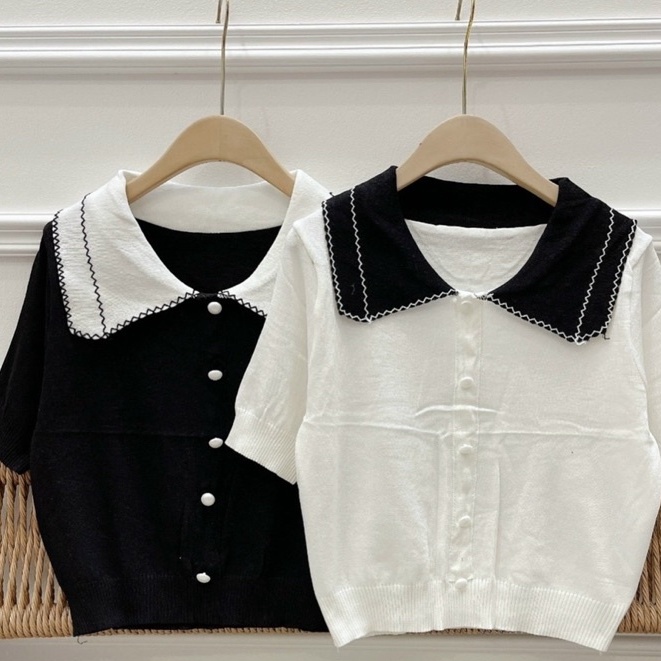 Áo Len Thu Đông Nữ Cổ Polo Khác Màu Phối Nút Ngọc Siêu Xinh Form Vừa Chất Len Mongtoghi | BigBuy360 - bigbuy360.vn