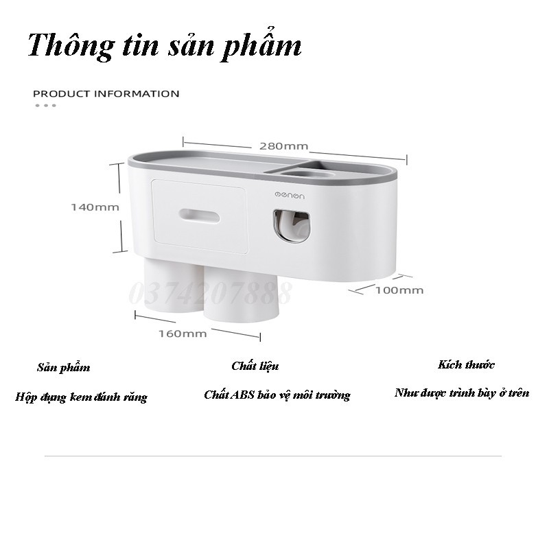 Kệ nhà tắm thông minh Bộ nhả kem đánh răng tư động tặng kèm 2 cốc hút từ tính