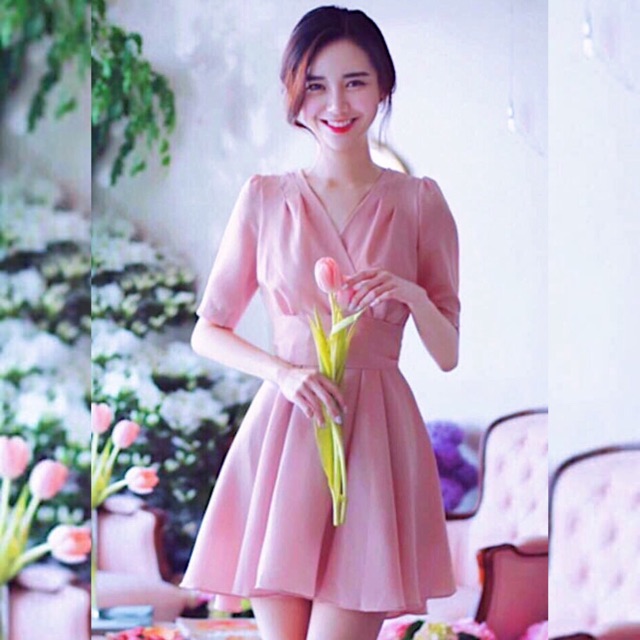 Đầm hồng xoè thắt eo v2 (kèm hình thật)
