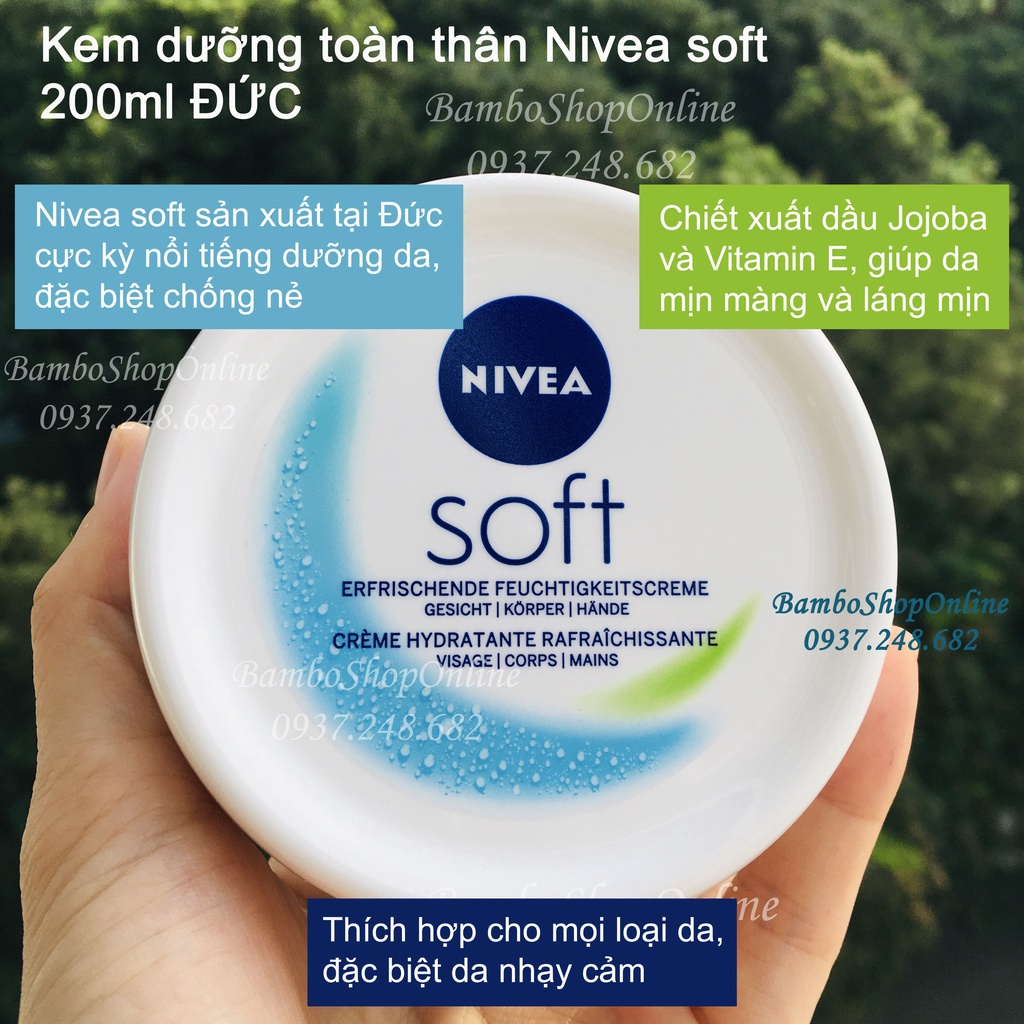 Kem dưỡng toàn thân Nivea soft 200ml. Giúp cân bằng độ ẩm cho da, mang đến cho bạn làn da mềm mại. Hàng nội địa Đức