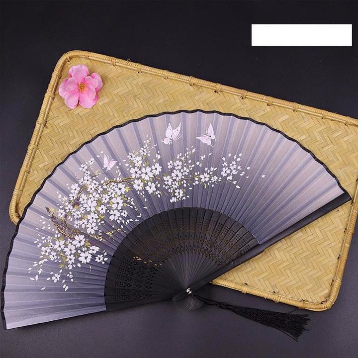 Quạt cổ trang dây tuyến xám đào quạt xếp cầm tay phong cách Trung Quốc