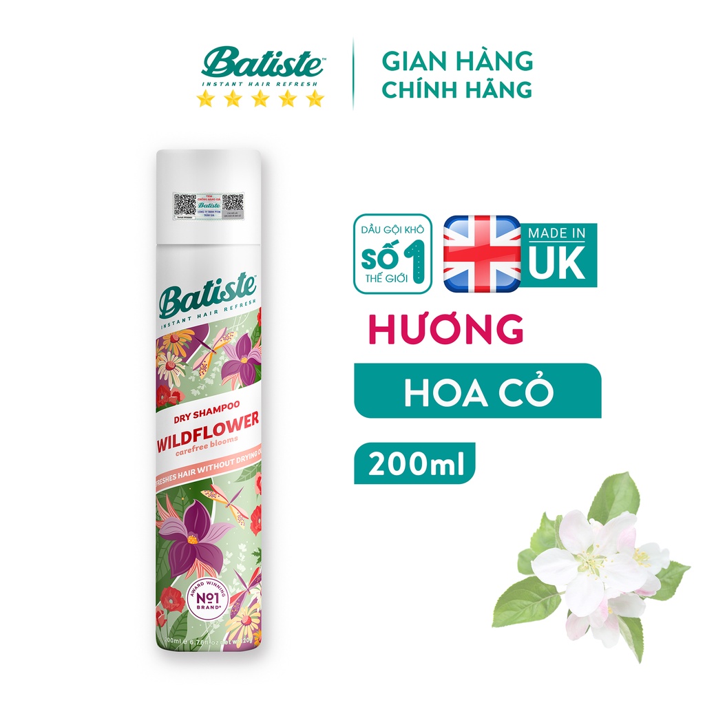 Dầu Gội Khô Batiste Hương Hoa Cỏ Nữ Tính, Tươi Mát - Batiste Dry Shampoo Fresh & Feminine Wildflower 200ml