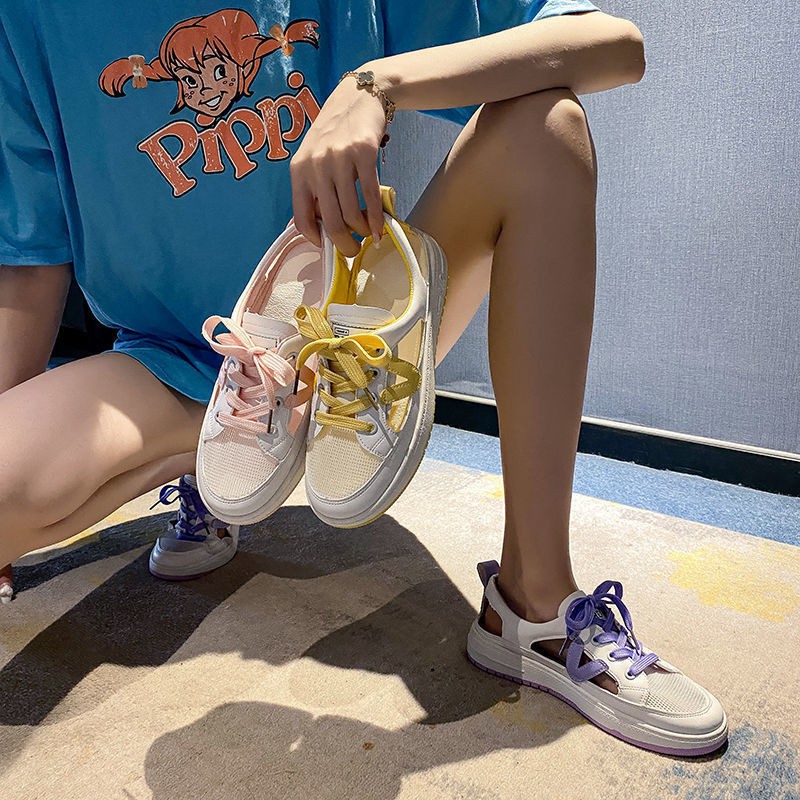 Baotou sandals nữ 2021 hè mới giày trắng đế bệt thể thao học sinh phiên bản hàn quốc của Wild net Red Shoes