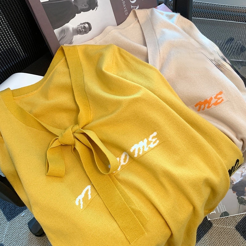 Áo Sweater Dệt Kim Tay Dài Dáng Rộng Thiết Kế Cổ Chữ V Phối Nơ Thiết Kế Mới