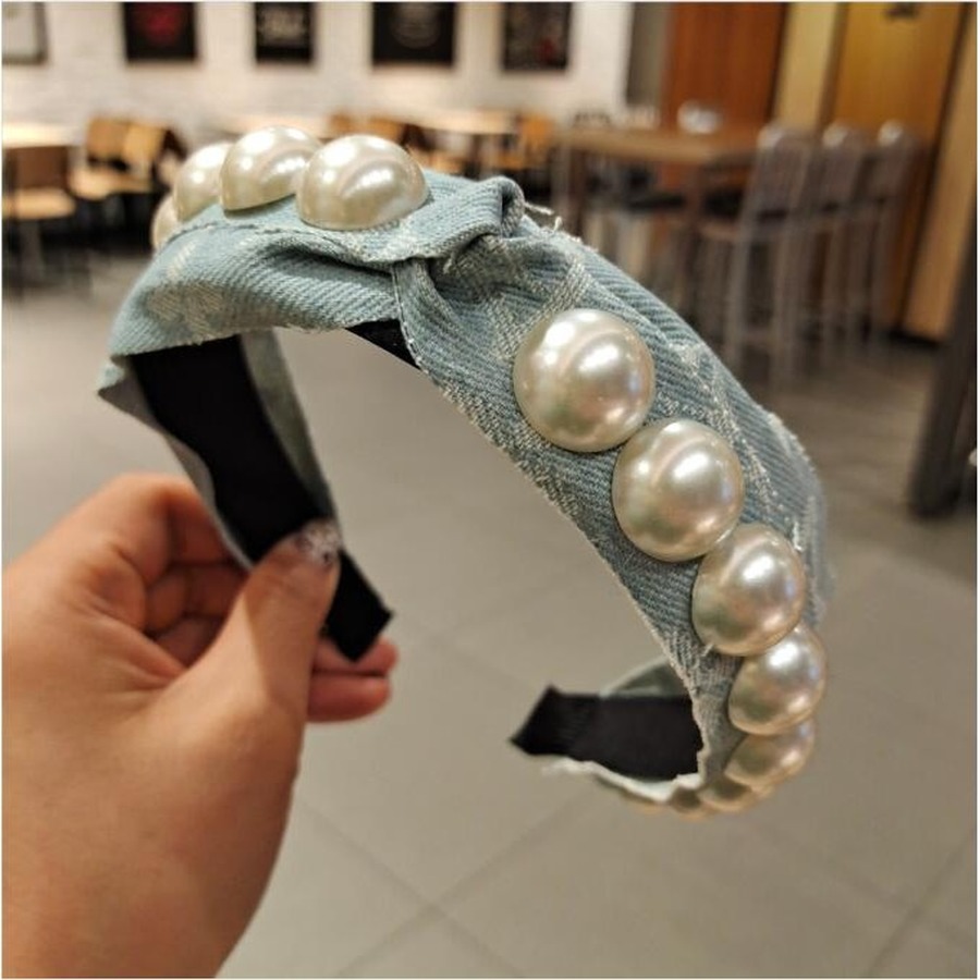 Băng Đô Vải Denim Đính Ngọc Trai Nhân Tạo Thời Trang Sang Trọng