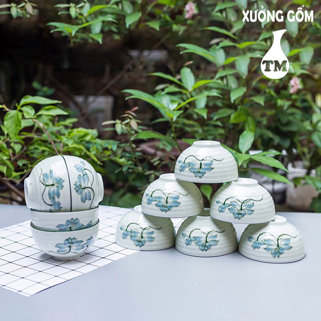 Bộ Bát Chén Ăn Cơm Men Kem Họa Tiết Hoa Sen-Đào Vẽ Tay Xưởng Gốm TM Bát Tràng